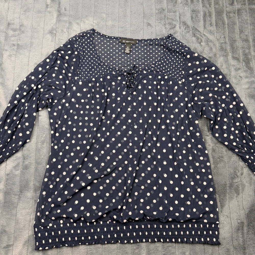 INC International Concepts Polka Dot Mesh Blouse Navy Blue 3X Smocked Hem 11554